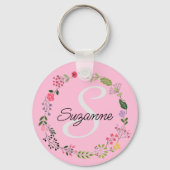 Roze en grijze patroonstrips, bloemen, aangepast sleutelhanger (Achterkant)