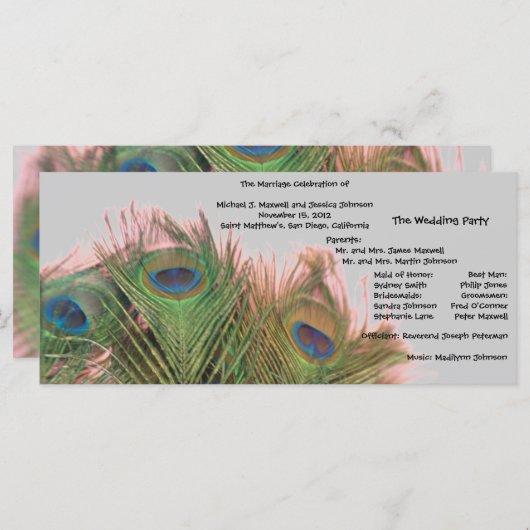 Roze en Grijze Pauw Wedding Programma Programmakaart (Voorkant / Achterkant)