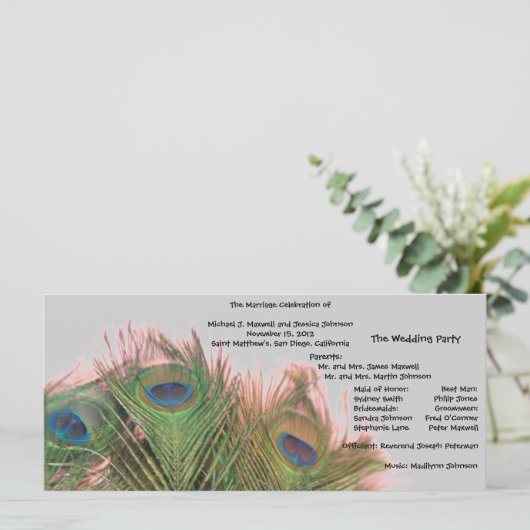 Roze en Grijze Pauw Wedding Programma Programmakaart (Staand voorkant)