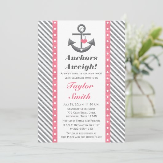 Roze en grijze poka Anchor Nautical Baby shower Kaart (Staand voorkant)