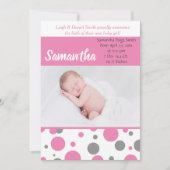 Roze en grijze pokadots | Baby Girl Fotogeboorte Aankondiging (Voorkant)