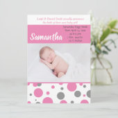 Roze en grijze pokadots | Baby Girl Fotogeboorte Aankondiging (Staand voorkant)