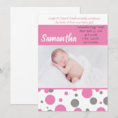 Roze en grijze pokadots | Baby Girl Fotogeboorte Aankondiging (Voorkant / Achterkant)