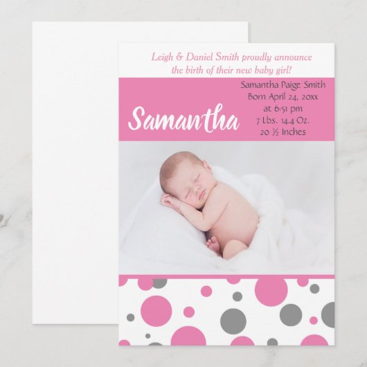 Roze en grijze pokadots | Baby Girl Fotogeboorte Aankondiging (Voorkant / Achterkant)