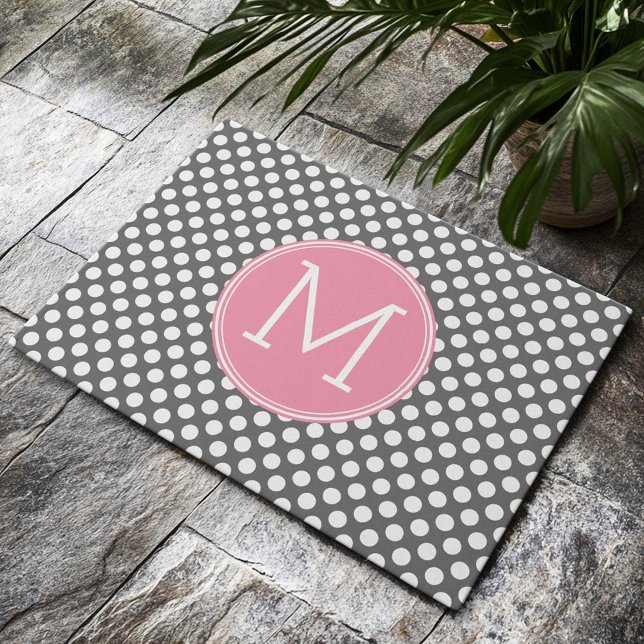 Roze en grijze pokadots met preppy monogram deurmat (Custom Welcome Mat)