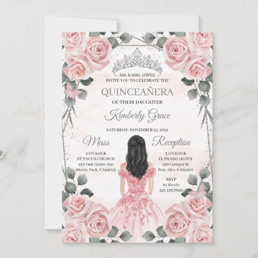 Roze en grijze prinses Quinceanera verjaardag Kaart (Voorkant)
