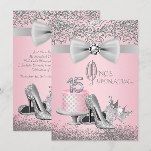 Roze en grijze Quinceanera Kaart (Voorkant / Achterkant)