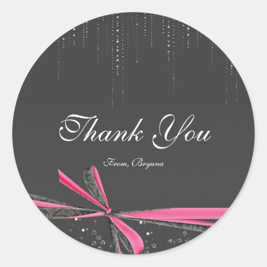 Roze en grijze ribbon Bow Rhinestones Bling Sticke Ronde Sticker (Voorkant)