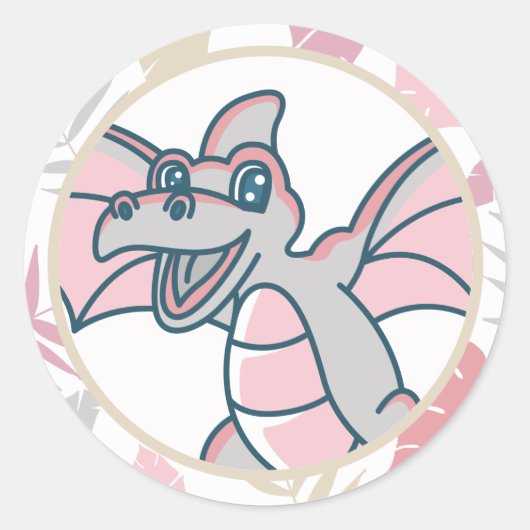 Roze en Grijze Schattigee Draak Dinosaurus Ronde Sticker (Voorkant)