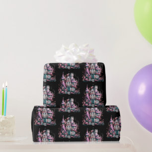 Roze en grijze spookhuis patroon Halloween Cadeaupapier