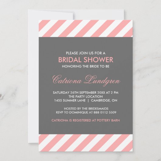 Roze en grijze Stripes Bridal Shower Invitation Kaart (Voorkant)