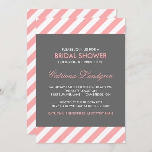 Roze en grijze Stripes Bridal Shower Invitation Kaart (Voorkant / Achterkant)