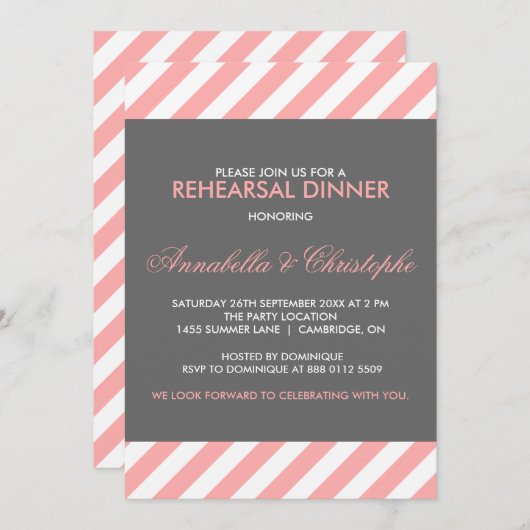 Roze en grijze strips repetitief diner Uitnodiging (Voorkant / Achterkant)