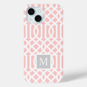 Roze en grijze tralies monogram Aanpasbare kleur iPhone 15 Case