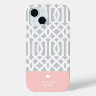 Roze en grijze traliewerk hartmonogram iPhone 15 case