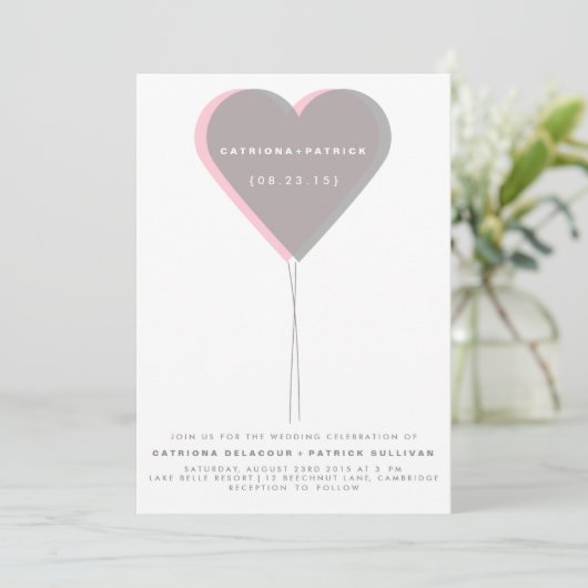 Roze en grijze tweekleurige ballonvaarding uitnodi kaart (Staand voorkant)