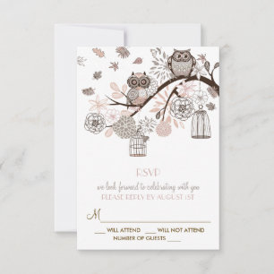 Roze en grijze uilen winter bruiloft RSVP kaart