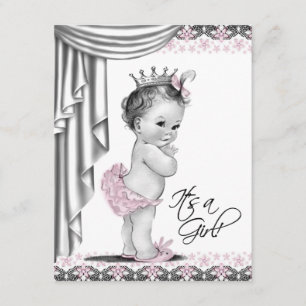 Roze en grijze vintage baby girl shower kaart