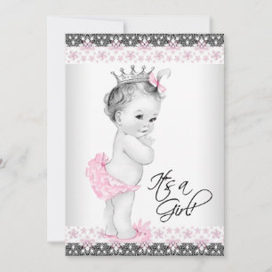 Roze en grijze vintage baby shower kaart