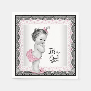 Roze en grijze vintage baby shower servet