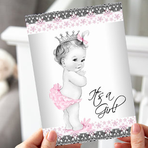 Roze en grijze vintage babymeisjesfeest kaart