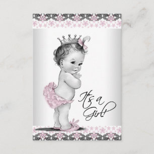 Roze en grijze vintage babymeisjesfeest kaart
