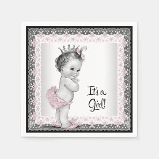 Roze en grijze vintage babyshower voor meisjes servetten