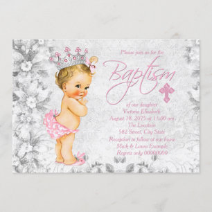 Roze en grijze vintage prinses doop kaart