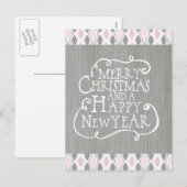 Roze en grijze vrolijke kerst feestdagenkaart (Voorkant / Achterkant)