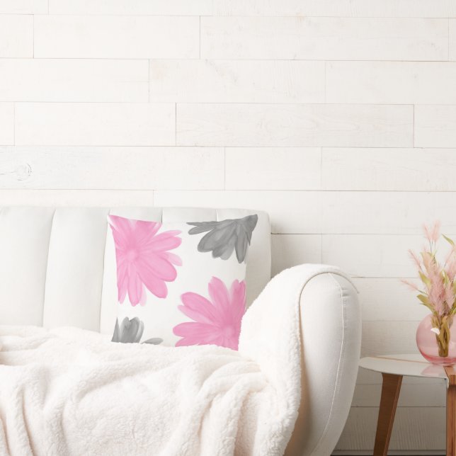 Roze en grijze Waterverf bloemen Kussen (Bank)