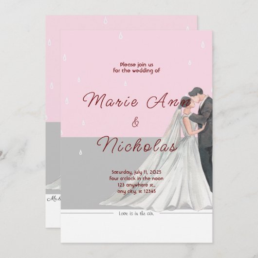 Roze en grijze Waterverf Bruiloft Kaart (Voorkant / Achterkant)
