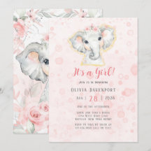 Roze en grijze Waterverf Elephant Girl Baby shower