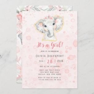 Roze en grijze Waterverf Elephant Girl Baby shower Kaart