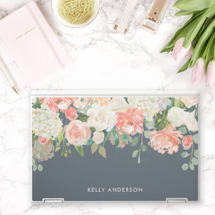 Roze en grijze Waterverf Floral met Jouw naam HP Laptopsticker