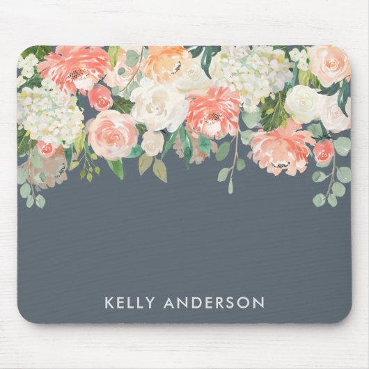 Roze en grijze Waterverf Floral met Jouw naam Muismat (Voorkant)