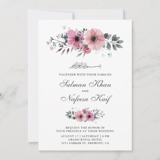 Roze en grijze waterverf islamitische bloemengebru kaart (Voorkant)