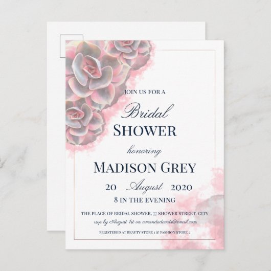 Roze en grijze Waterverf Succulent Vrijgezellenfee Uitnodiging Briefkaart (Voorkant / Achterkant)