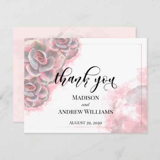 Roze en grijze Waterverf Succulturen Hartelijk dan Bedankkaart (Voorkant / Achterkant)