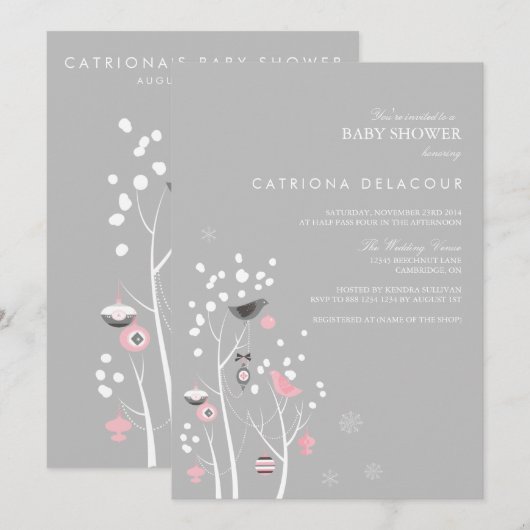 Roze en grijze wintersneeuw Baby shower Kaart (Voorkant / Achterkant)