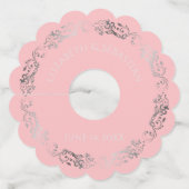 Roze en grijze zilver Vingage Filigree Border Wedd Wijnglaslabel (Voorkant)