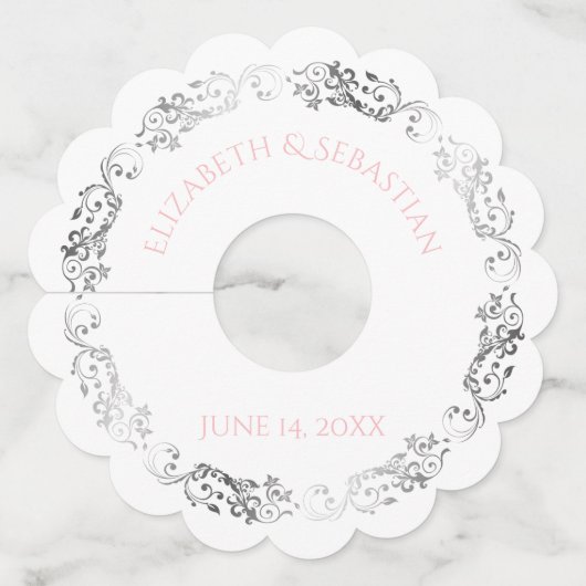 Roze en grijze zilver Vingage Filigree Border Wedd Wijnglaslabel (Achterkant)