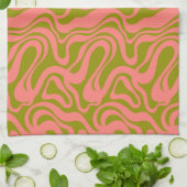 Roze en Groen 1970s Retro Modern Swirl Theedoek (Gevouwen)