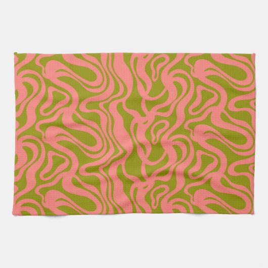 Roze en Groen 1970s Retro Modern Swirl Theedoek (Horizontaal)