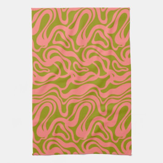 Roze en Groen 1970s Retro Modern Swirl Theedoek (Verticaal)