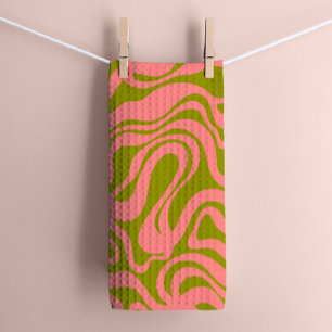 Roze en Groen 1970s Retro Modern Swirl Theedoek