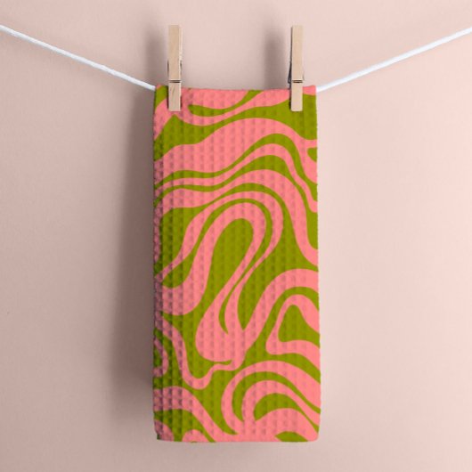 Roze en Groen 1970s Retro Modern Swirl Theedoek