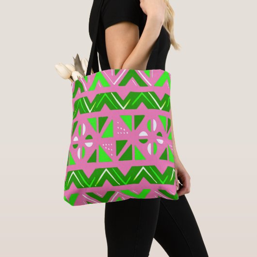 Roze en Groen Afrikaans Patroon Tote Bag (Dichtbij)