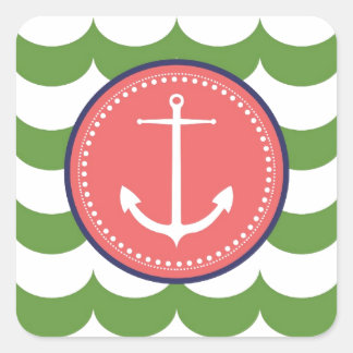 Roze en Groen Anker met Golvenpatroon Vierkante Sticker