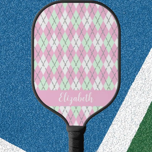 Roze en groen argyle preppy aangepaste naam modern pickleball paddle
