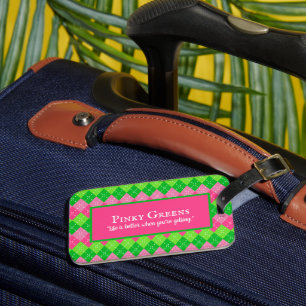Roze en Groen Argyle Wit Stitching Preppy Golf Bagagelabel
